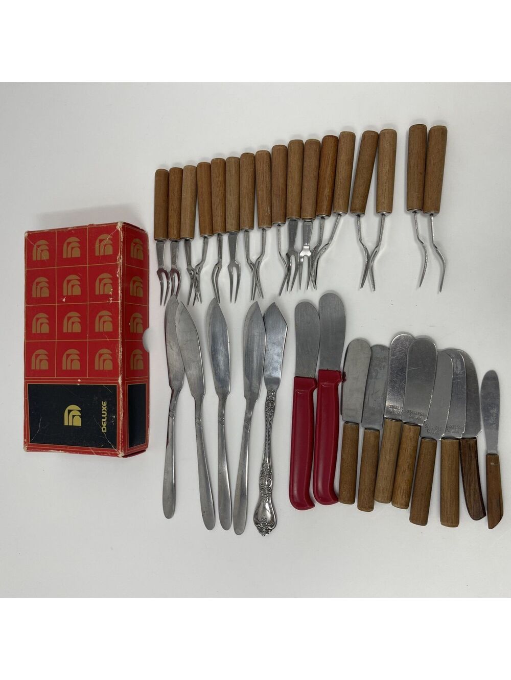 Vintage Deluxe Stainless Steel Cheese Cutlery Set Wood Handles Original Box